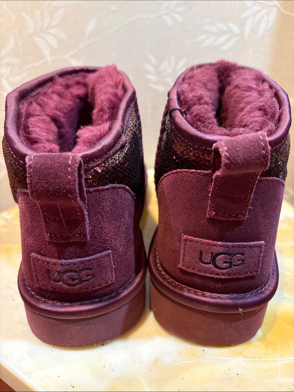 UGG Burgundy Shearling Sequin Ankle Boots - Picture 6 of 7